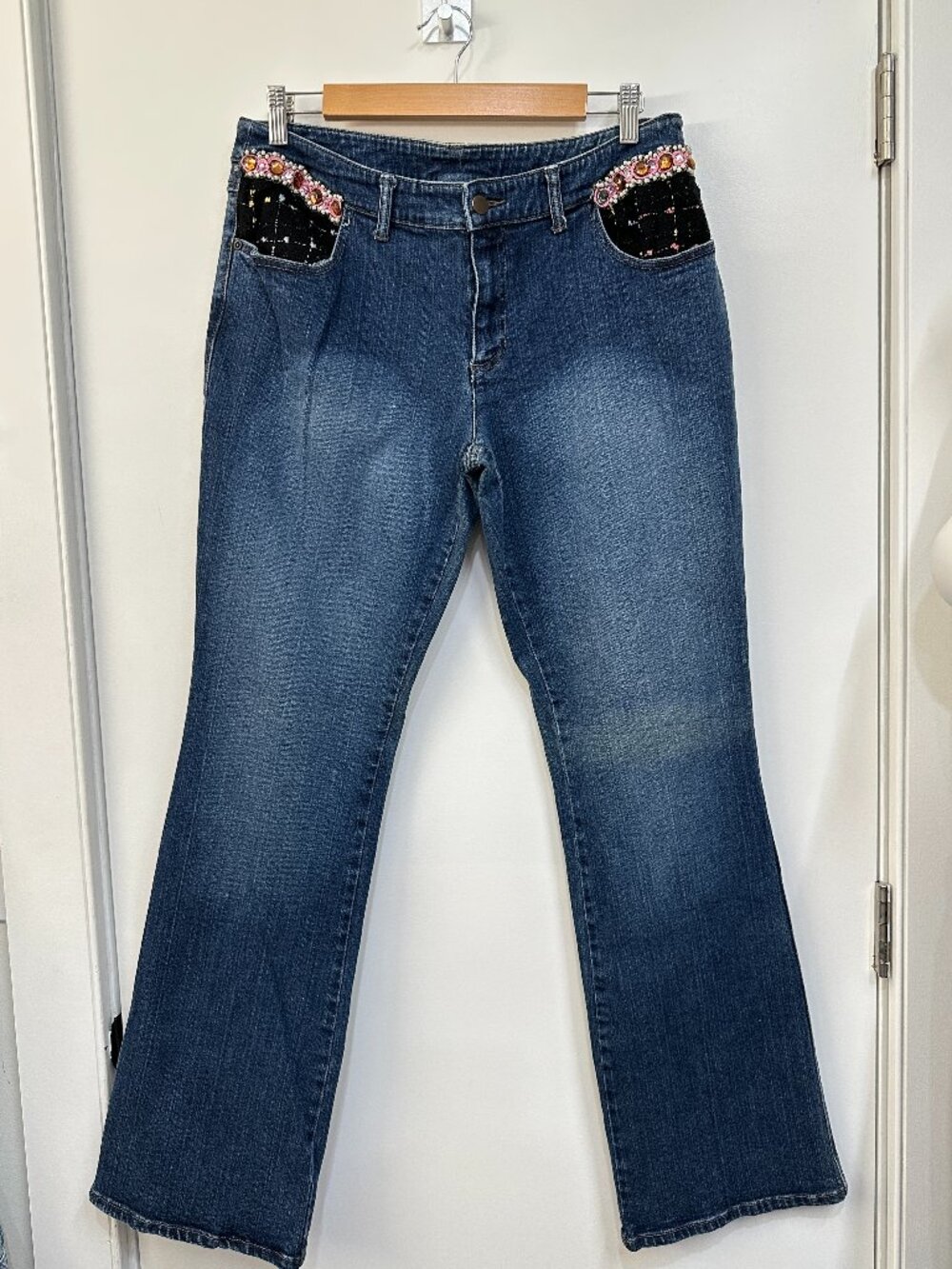 Y2K Willi Smith Embellished Bootcut Jeans 34 Jeweled Tweed Pocket Denim